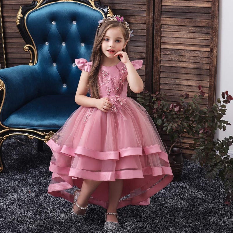 HIHCBF Little Big Girls Flower High Low Tulle Dress Princess Wedding Pageant Birthday Party Formal Evening Dance Ball Gown Dusty Rose 4-5T - Image 3